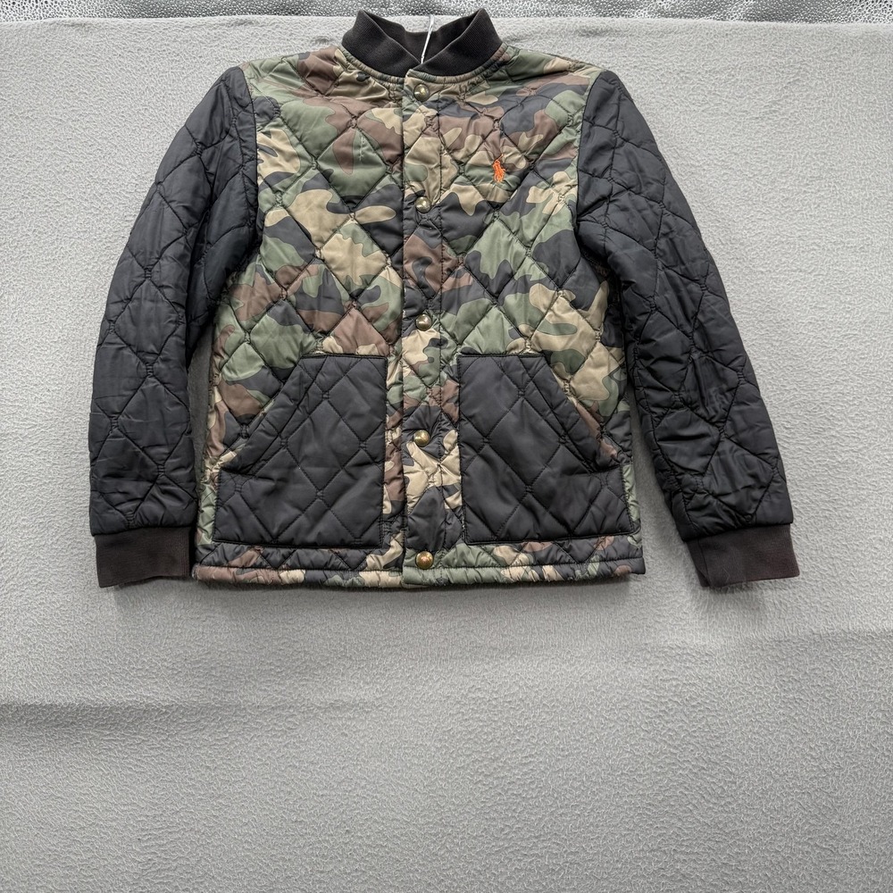 Polo Ralph Lauren Jacket Boys 8 Green Camo Quilted Snap‎ Front Orange Lined